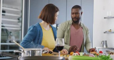Çeşitli çiftlerin evde birlikte yemek hazırladığı bir video. Ev hayatı, birliktelik, sağlık, mutluluk ve kapsayıcılık kavramı.