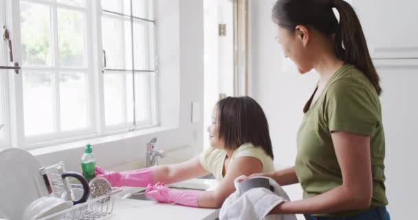 Video Feliz Madre Birracial Cocina Limpieza Hija Familia Maternidad Relaciones — Vídeos de Stock