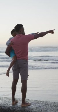 Amerikan baba ve kızının günbatımında sahilde çekilmiş dikey videosu. Tatiller, tatiller ve ailenle kaliteli zaman geçirmek..