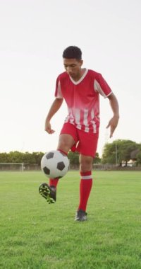 Saha tekmesindeki çift ırklı futbolcunun dikey videosu. Erkek futbol takımı, kapsayıcılık ve takım sporlarına uygunluk.