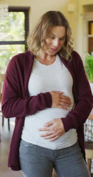 妊娠中の妊婦が自宅でお腹を抱えている様子を縦に捉えた動画 妊娠中のライフスタイル家族計画女性の医療 — ストック動画