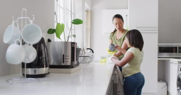 Wideo Szczęśliwej Azjatyckiej Matki Córki Sprzątających Kuchnię Rodzina Macierzyństwo Relacje — Wideo stockowe