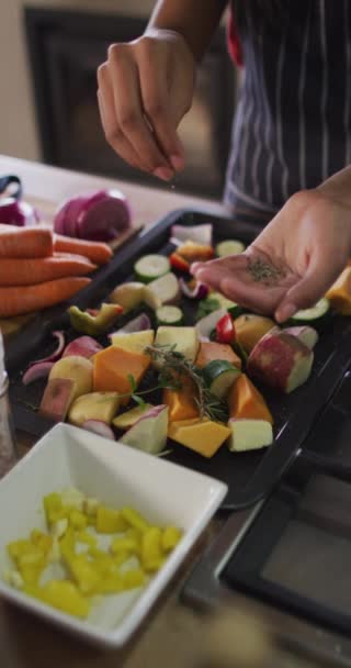 Vertical Video Midsection Biracial Woman Seasoning Vegetables Spending Quality Time — Stock Video