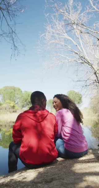 笑顔アフリカ系アメリカ人のカップルのハイキングの垂直ビデオ 湖に座ってロマンチックな瞬間を共有 健康的で活発なアウトドアライフスタイルロマンスとレジャータイム — ストック動画