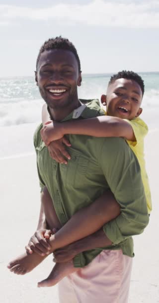Vídeo Vertical Retrato Feliz Pai Afro Americano Com Filho Praia — Vídeo de Stock