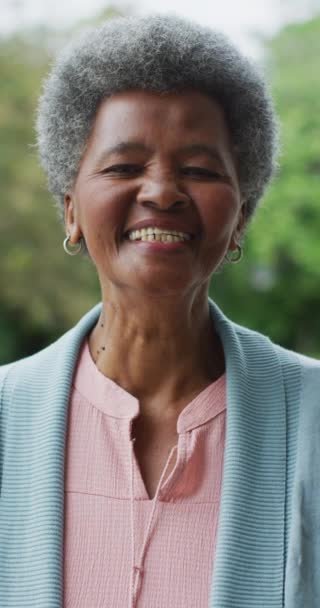 Potret Video Vertikal Dari Wanita Afrika Senior Yang Bahagia Tersenyum — Stok Video