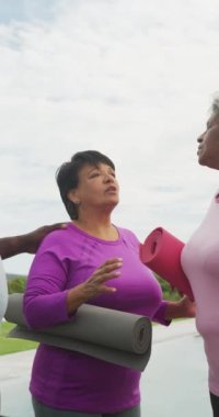 Yoga minderleri konuşan çeşitli son sınıf öğrencilerinin dikey videosu. aktif emeklilik yaşam tarzı ve kıdemli ilişki.