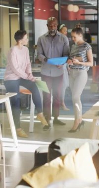 Ofiste iş tartışan çeşitli iş adamlarının dikey videosu. Modern bir ofiste çalışıyorum..