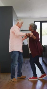 Mutlu kadın ve erkek kıdemli arkadaşlarının dans ettiği dikey video. aktif emeklilik yaşam tarzı ve kıdemli ilişki.