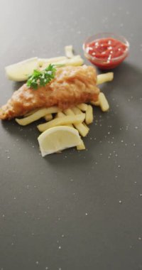Gri arka planda taze kızarmış balık ve patates cipsinin dikey videosu. Taze ev yapımı fast food..