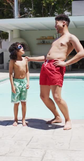 Vertical Video Happy Biracial Father Son Swimming Pool Spending Time — Stock Video