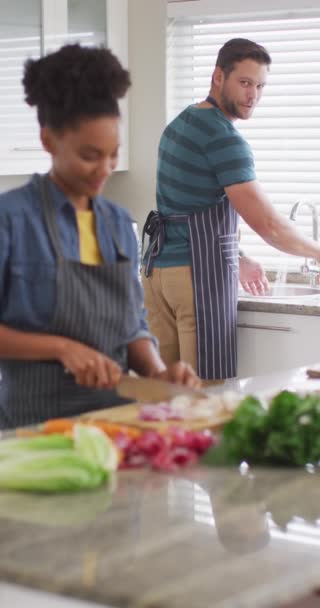 Mutfakta Yemek Hazırlayan Mutlu Çiftin Dikey Videosu Aşk Ilişki Evde — Stok video