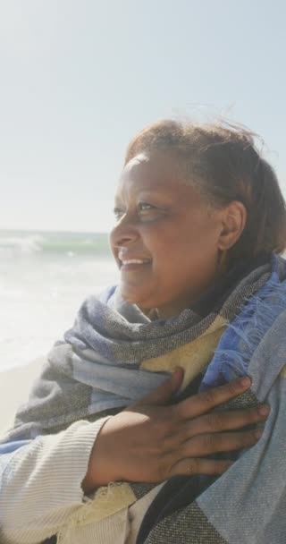Vídeo Vertical Mulher Americana Africana Sênior Feliz Praia Passar Tempo — Vídeo de Stock