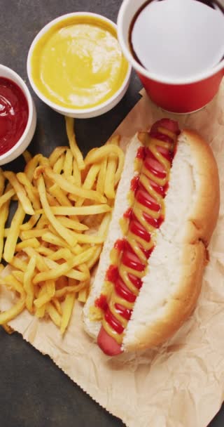 Vidéo Verticale Hot Dog Frites Sauces Concept Alimentation Cuisine Repas — Video