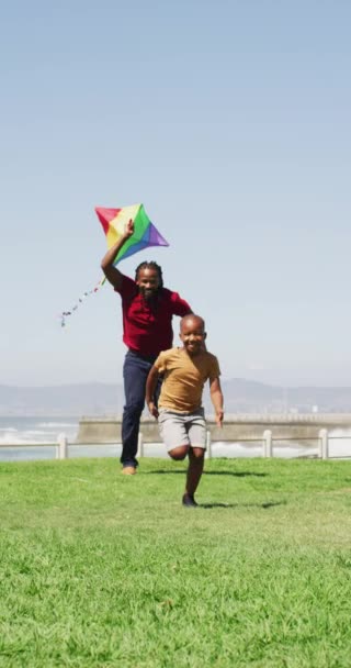 Vídeo Vertical Del Feliz Padre Afroamericano Con Hijo Volando Cometa — Vídeos de Stock