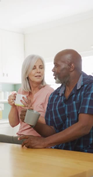 Lodret Video Glade Forskelligartede Senior Par Drikker Kaffe Taler Køkkenet – Stock-video