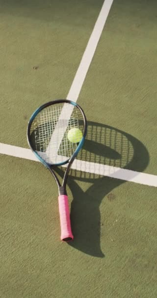 Vertical Video Yellow Tennis Ball Racket Tennis Court Healthy Active — Stock Video
