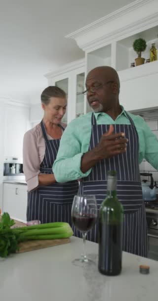 Vertical Video Happy Senior Diverse Couple Cooking Kitchen Family Spending — Stock Video