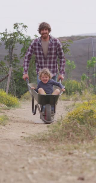 Vertical Video Smiling Caucasian Father Pushing Son Country Lane Wheelbarrow — Stock Video