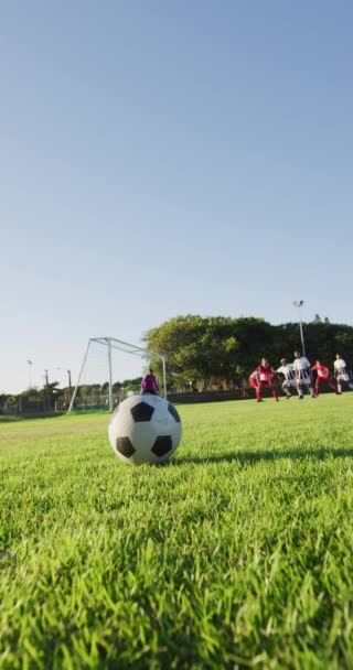 Κάθετη Βίντεο Του Biracial Ποδοσφαιριστής Στο Γήπεδο Κλοτσιές Μπάλα Ανδρική — Αρχείο Βίντεο