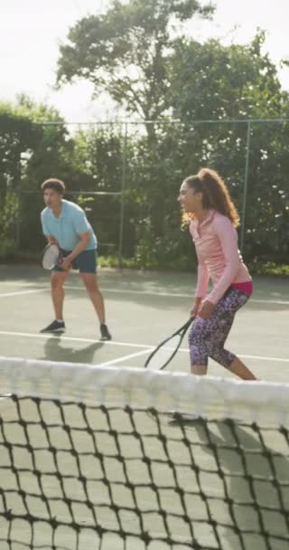 Vertical Video Happy Biracial Woman Man Playing Tennis Sport Active — Αρχείο Βίντεο