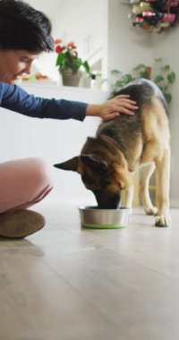 Evinde köpeğini okşayan mutlu beyaz kadının dikey videosu. Evde birlikte vakit geçirmek..