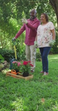 Bahçedeki mutlu Afrikalı Amerikalı çiftin dikey videosu. Aile evde birlikte vakit geçiriyor..