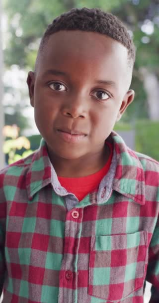 Κάθετο Βίντεο Πορτραίτο Ενός Αφροαμερικανού Αγοριού Χαμογελάει Περνώντας Ποιοτικό Χρόνο — Αρχείο Βίντεο
