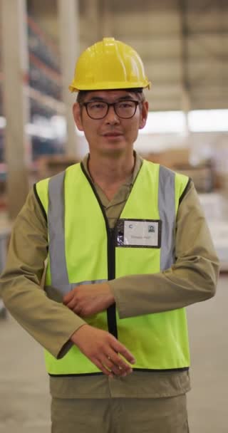 Vídeo Vertical Retrato Hombre Asiático Trabajador Con Casco Almacén Negocio — Vídeo de stock
