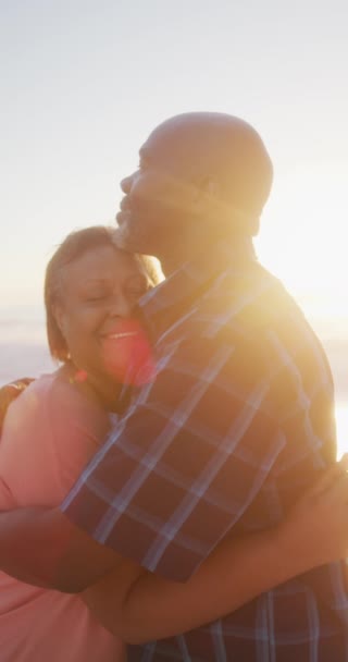 Video Verticale Felice Coppia Afroamericana Anziana Che Abbraccia Sulla Spiaggia — Video Stock