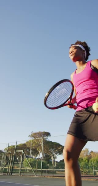 ボールとテニスラケット付きアフリカ系アメリカ人女性テニス選手の垂直ビデオ 女子テニス スポーツ — ストック動画