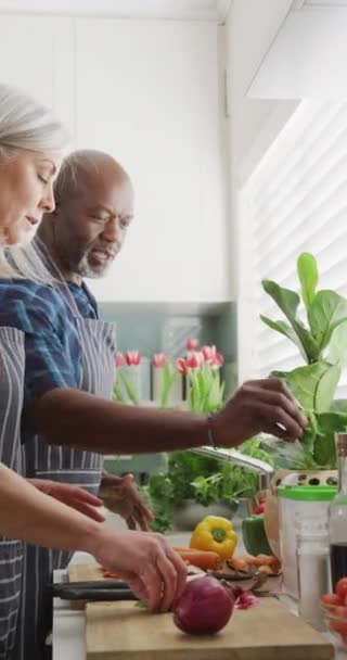Pionowe Wideo Szczęśliwej Zróżnicowanej Pary Seniorów Przygotowującej Jedzenie Kompostowanie Warzyw — Wideo stockowe