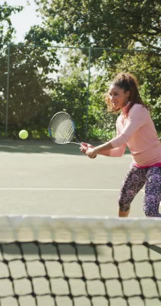 Vertical Video Happy Biracial Woman Playing Tennis Sport Active Lifestyle — Αρχείο Βίντεο