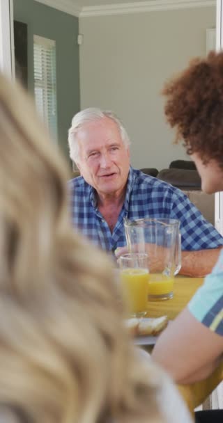 Pystysuora Video Onnellinen Valkoihoinen Vanhempi Mies Pöydässä Syöminen Monipuolinen Nuori — kuvapankkivideo