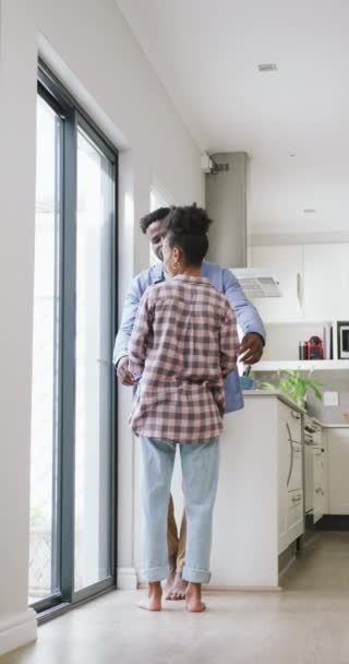 关于快乐的非洲裔美国夫妇在家里拥抱的垂直视频 一起呆在家里 — 图库视频影像