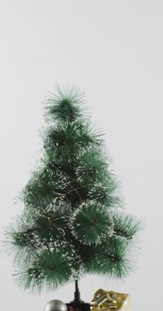 Foto Vertical Pequeño Árbol Navidad Sobre Soporte Madera Sobre Fondo — Vídeos de Stock