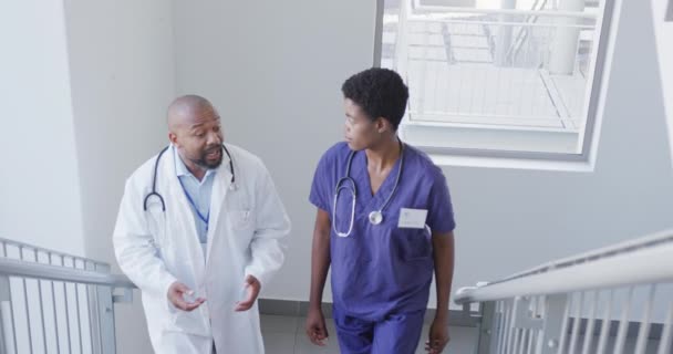 アフリカ系アメリカ人の男性と女性の医師が病院で話している ライフスタイル 病院のコンセプト — ストック動画