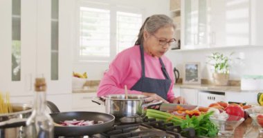Önlük giyip mutfakta yemek pişiren mutlu son sınıf çifti. Etkin emeklilik ve yaşam tarzı kavramı.