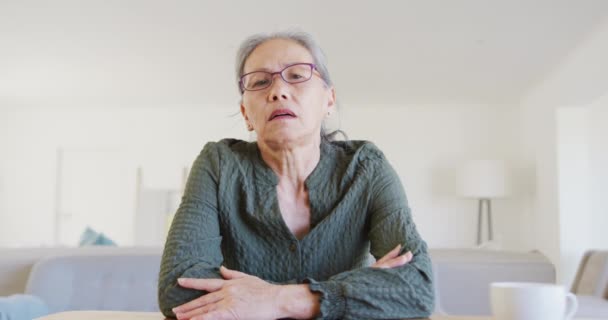 Προσωπογραφία Μιας Ηλικιωμένης Ασιάτισσας Που Μιλάει Και Έχει Βιντεοκλήση Έννοια — Αρχείο Βίντεο