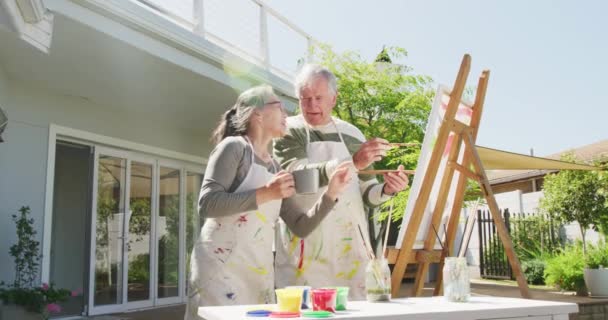 Happy Diverse Senior Couple Painting Garden Sunny Day Active Retirement — Vídeo de stock