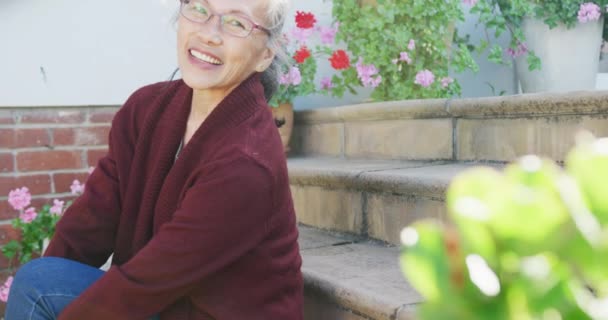 Portrait Happy Asian Senior Woman Sunny Day Garden Active Retirement — Video Stock