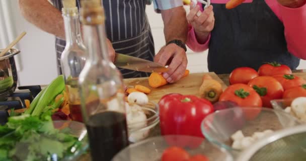 Önlük Giyip Mutfakta Yemek Pişiren Yaşlı Çiftlerin Orta Kısmı Etkin — Stok video