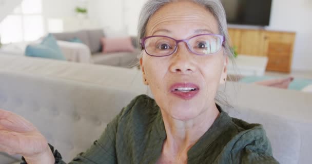 Portrait Happy Asian Senior Woman Talking Having Video Call Active — Vídeo de Stock