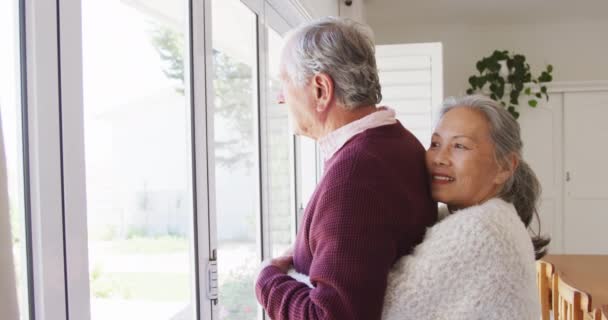 Happy Diverse Senior Couple Embracing Looking Window Together Active Retirement — Vídeo de stock