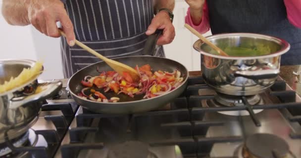 Mid Section Diverse Senior Couple Wearing Aprons Cooking Kitchen Active — Vídeo de Stock