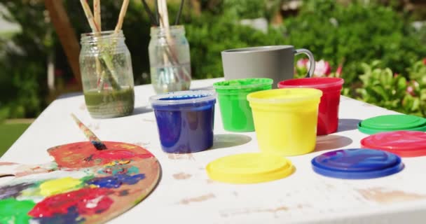 Close Colourful Paints Painting Equipment Lying Table Garden Art Painting — Video Stock