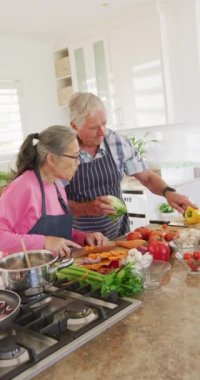 Mutfakta yemek yapan mutlu yaşlı çiftin dikey videosu. Etkin emeklilik ve yaşam tarzı kavramı.