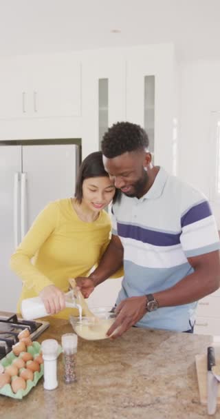 Vertical Video Happy Diverse Couple Preparing Breakfast Kitchen Spending Quality — Vídeos de Stock