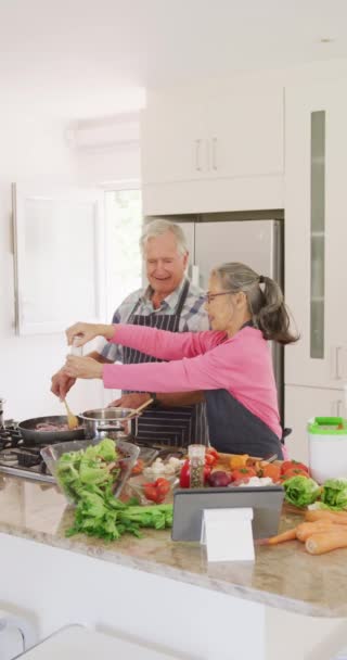 Vertical Video Happy Diverse Senior Couple Cooking Kitchen Active Retirement — Video Stock