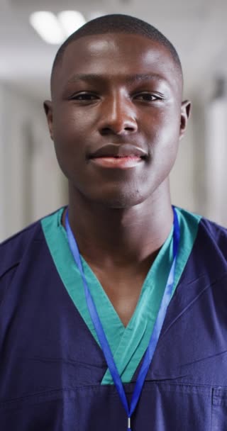 Vertical Video Portrait Happy African American Male Doctor Global Medicine — 图库视频影像